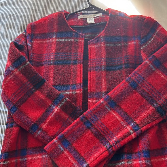 Max Studio Wool Plaid Jacket Open Front. Size M. Red with blue, black and white. - Picture 4 of 5